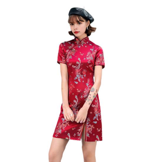 Damen Sommer Cheongsam Stehkragen Drache Phönix Print Geteilter Saum Qipao Slim Fit Retro Chinesischer Stil Über Knie Länge Hochzeit Party Cocktailkleid