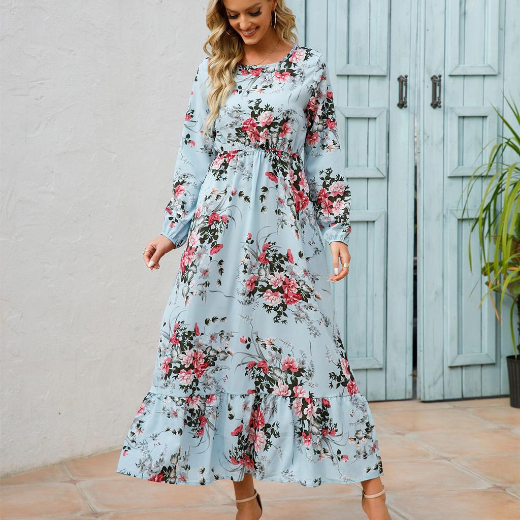 Women Spring Autumn O Neck Long Sleeve A Line Slim Elastic Waist Floral Print Long Dress Ruffle Clothing