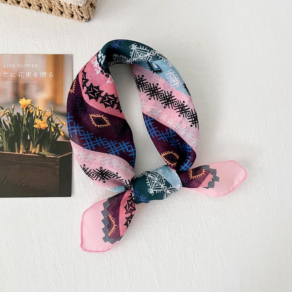 Summer new fashion multi-functional headscarf geometric printing cotton and linen small square scarf women's versatile decorative neck scarf