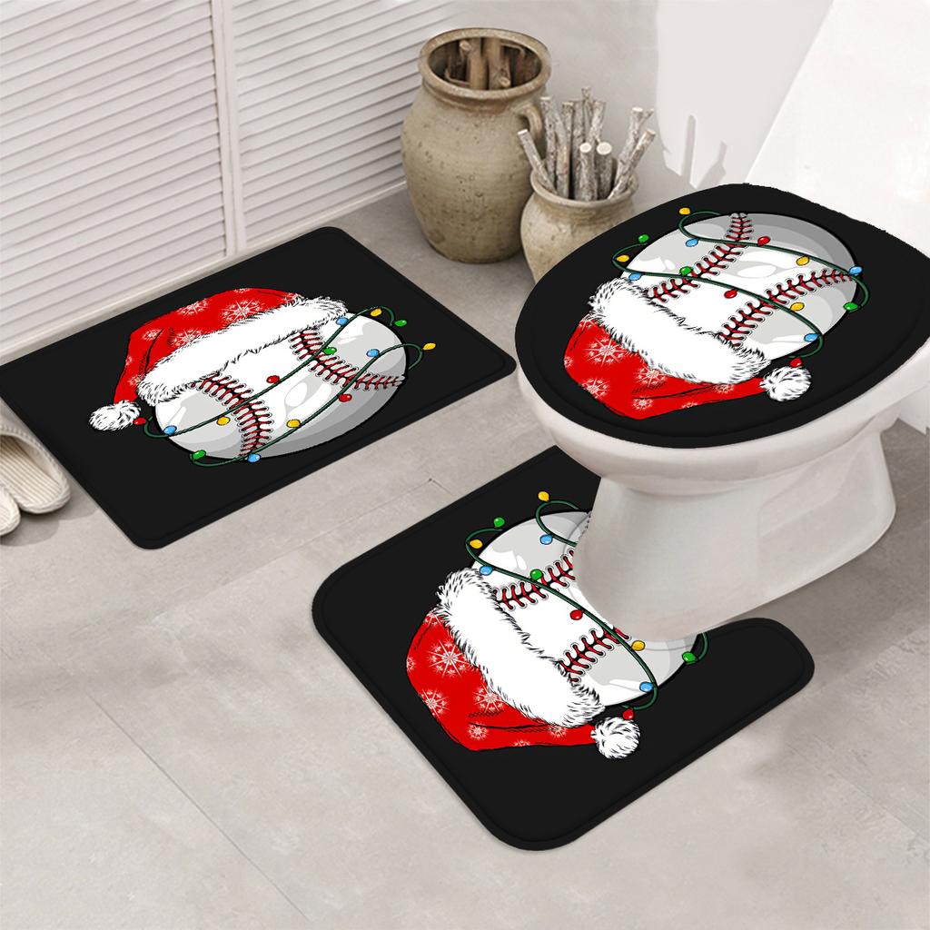 Baseball-Themed Christmas Shower Curtain Set With 12 Hooks - Polyester, Non-Slip Bath Mat, U-Shaped Toilet Mat & Lid Cover