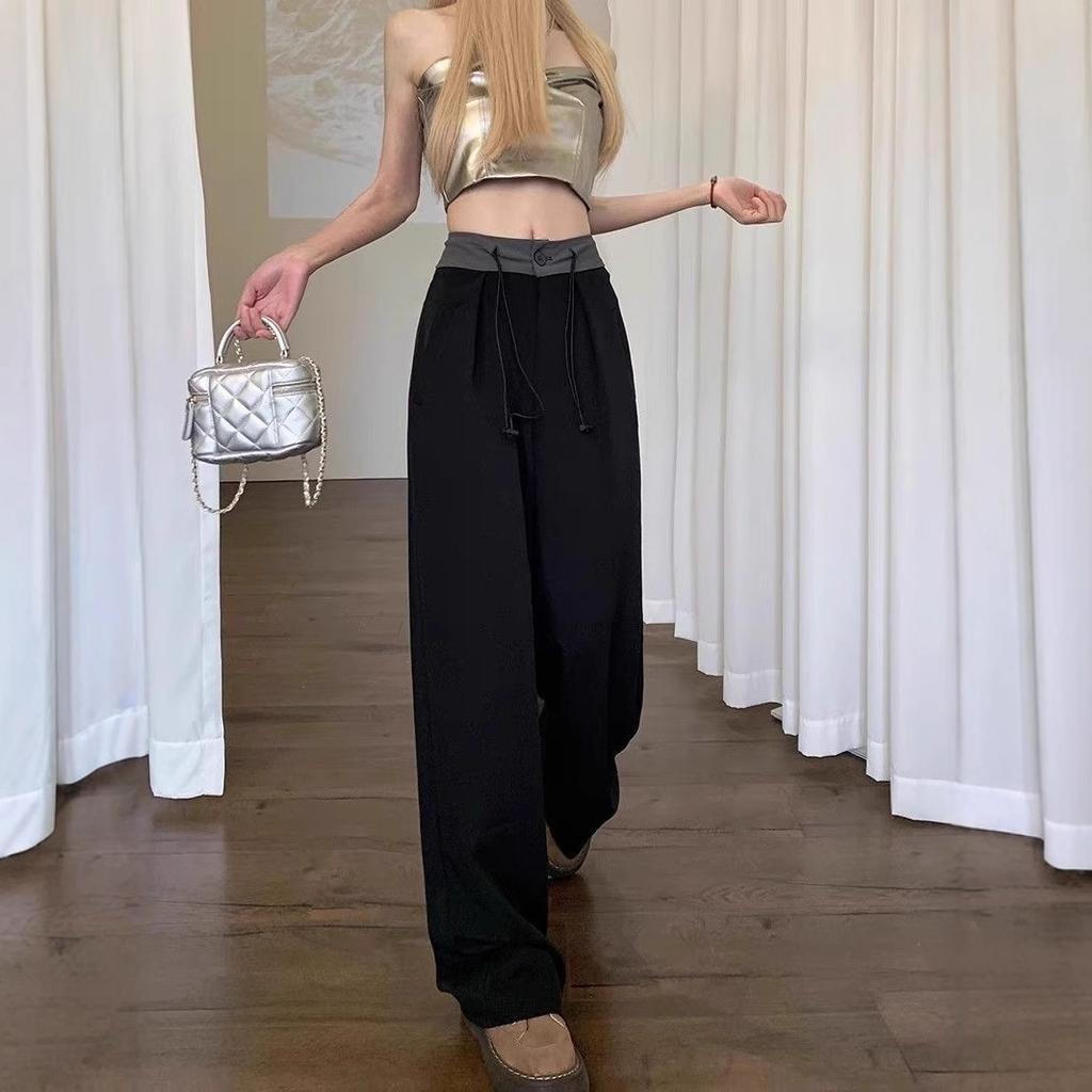 Graue Anzughose für Damen im Sommer Neue Kontrast-Kordelzug-Drapierung Lockere Freizeit-High-Waist-Weitbeinhose