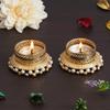 Set of 2 Golden and White Round Shaped Beaded Decorative Tea Light Candle Holders for Home Decor for Diwali, Christmas, Housewarming