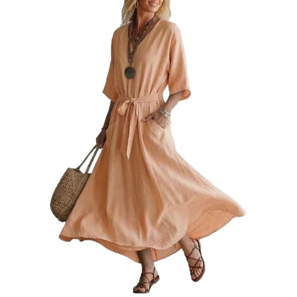 Summer Elegant Minimalist Cotton Linen V-neck Mid-sleeve Solid Color Breathable Waisted Wide Swing Long Dress