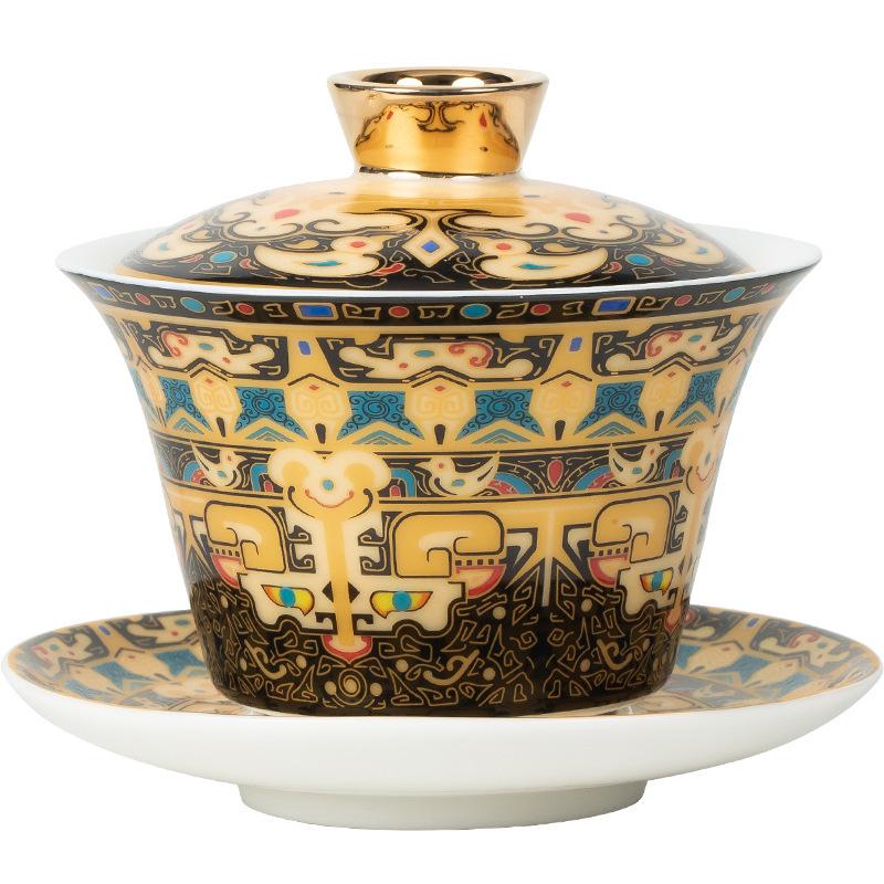 Rotating Sancai Gaiwan: Enamel Color Mutton Fat Jade Porcelain Tea Bowl with Lid for Kung Fu Tea Brewing.