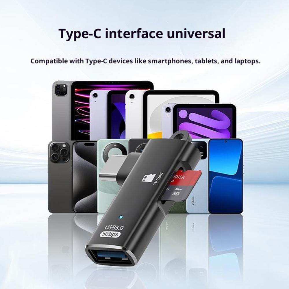 TYS-304 Angled Type-C OTG Adapter to USB 3.0 + TF Card Slot Converter for Mouse/Keyboard/Flash Drive/SSD