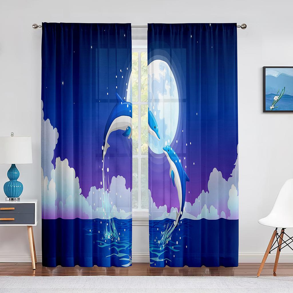 Cartoon Ocean Animal Sheer Voile Curtain Dolphin Sea Lion Whale Window Tulle Curtains for Living Room Kids Bedroom Kitchen Decor