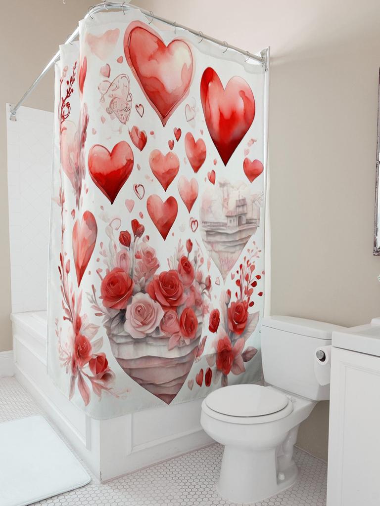 Romantic Red Heart & Rose Shower Curtain - Waterproof, Mildew-Resistant, Machine Washable For Valentine'S Day Bathroom Decor
