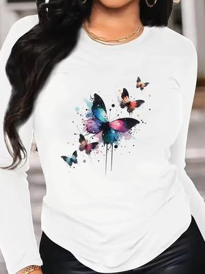 (Asian Size) Watercolor Butterfly Trend Tee O-neck Print Autumn Winter Spring Women Clothing Casual Long Sleeve T Shirt Fashion Top Graphic T-shirts
