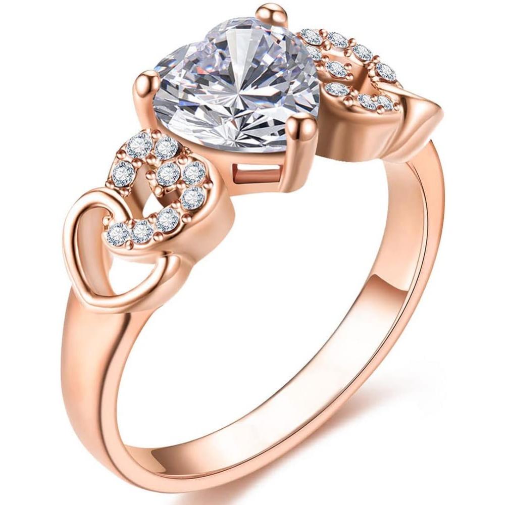 18K Rose gold Plated Love Heart Cubic Zirconia Promise Halo Engagement Promise Eternity Valentine's Day Ring for Women Size 6-10