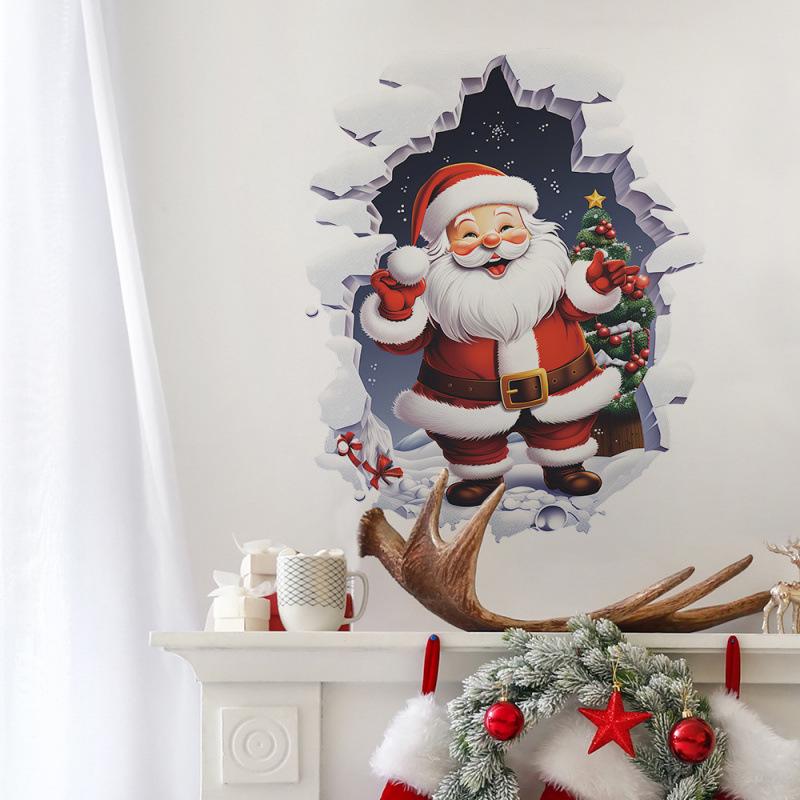 1sheets Santa Claus Christmas Wall Sticker Gift for Kids Baby Rooms Unique Xmas Decor Removable Vinyl Decal Breaking Brick Wall