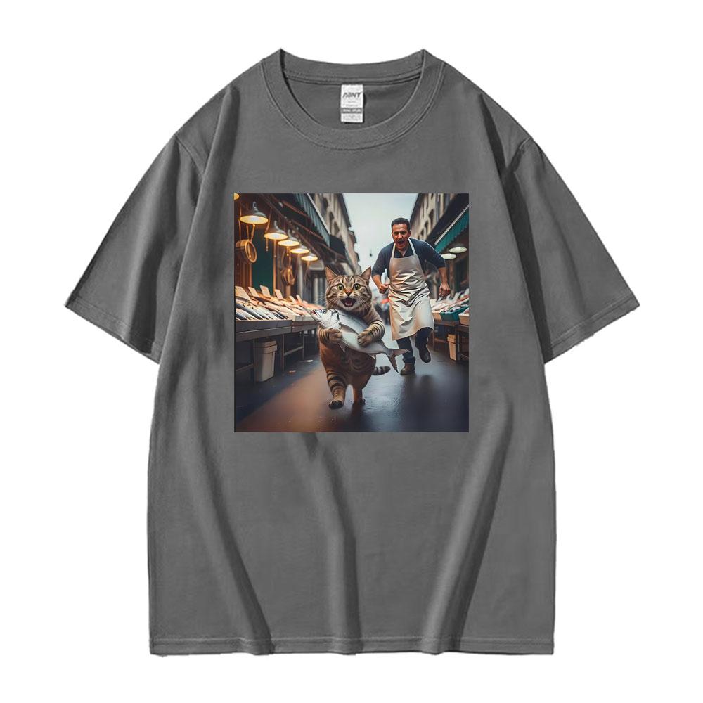 Funny Cat Stealing Fish Print Tshirts Men Women Clothing Vintage Casual Oversized High Quality T Shirt Short Sleeves Summer Tee