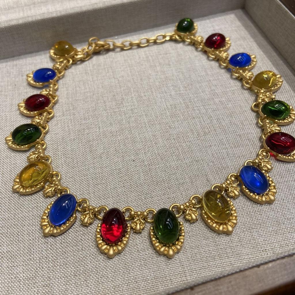 Brass Plated Real Gold Color Retention Retro Color Oval Glazed Necklace Female Bohemian Jewelry Sweater Chain