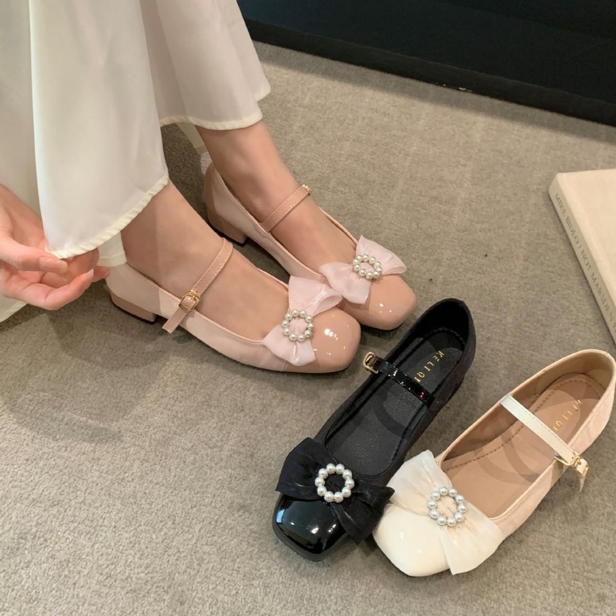 

2025 spring new square head pearl bow with Mary Jane thick heel light mouth versatile evening women s shoes 39 шампанского