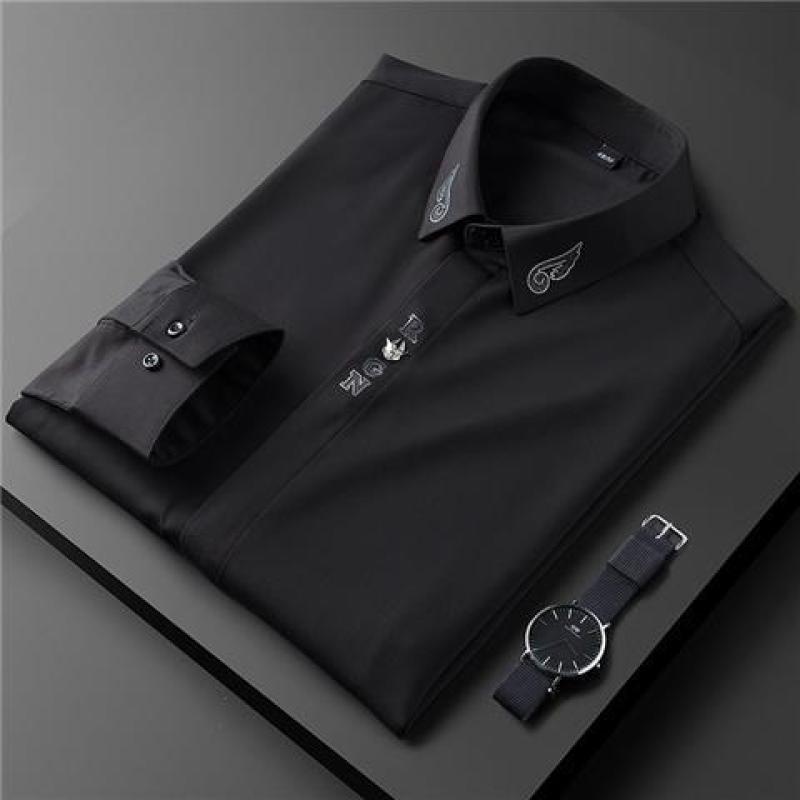 New Spring and Autumn High End Simple Fashion Trend Casual Thin Fit Flip Collar Embroidered Long Sleeved Shirt for Men