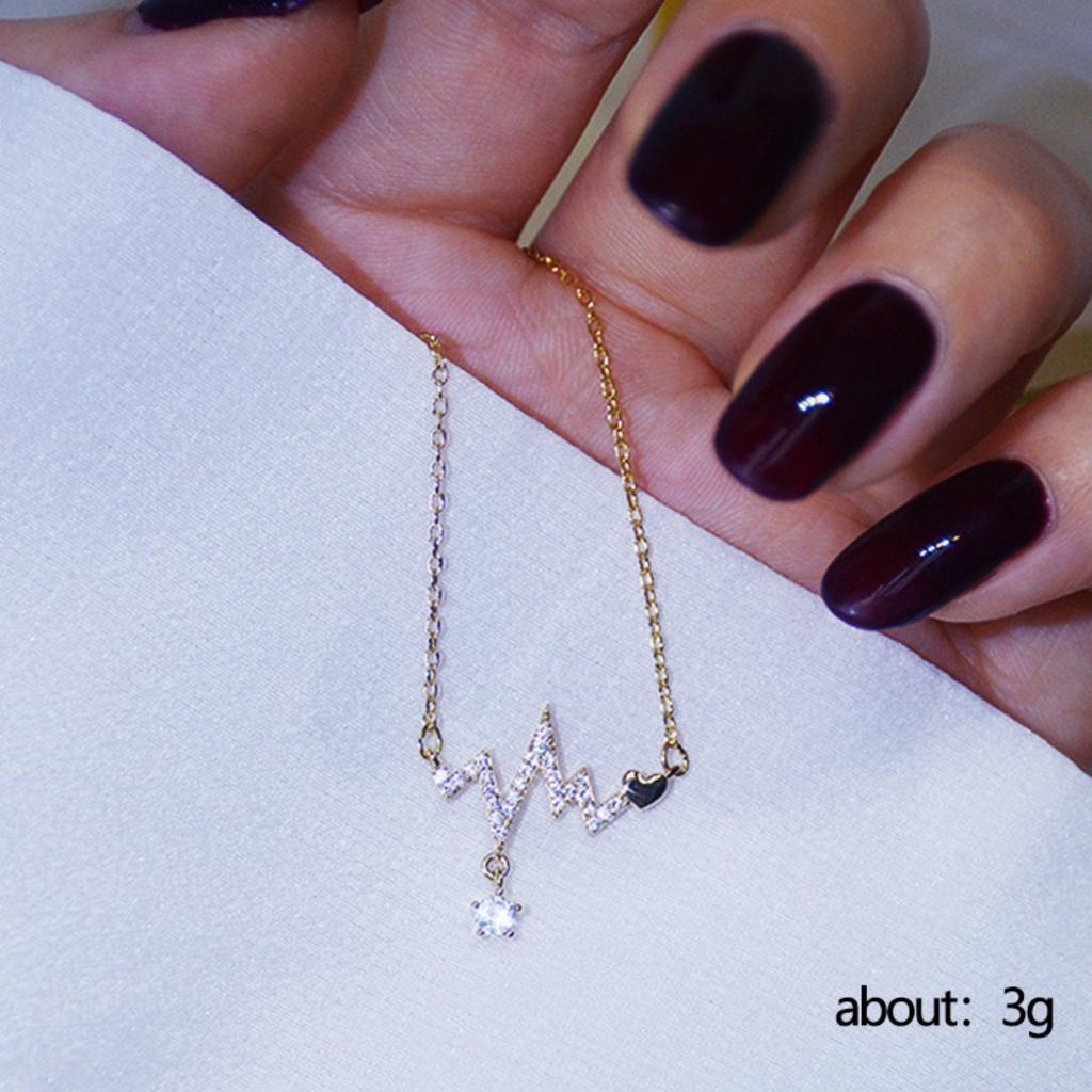 Paved Heartbeat Wave Pendant with Solid Heart and Dangle Round Stone Women Cable Chain Clavicle Necklace