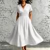 Womens V Neck Short Sleeve Elastic Waist Midi Dress with Pockets Solid A Line Casual Loose Fit Summer Dress for Daily Wear