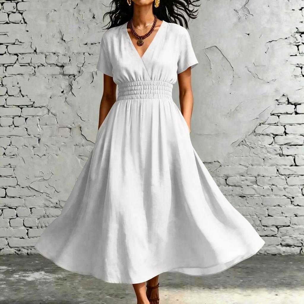 Womens V Neck Short Sleeve Elastic Waist Midi Dress with Pockets Solid A Line Casual Loose Fit Summer Dress for Daily Wear