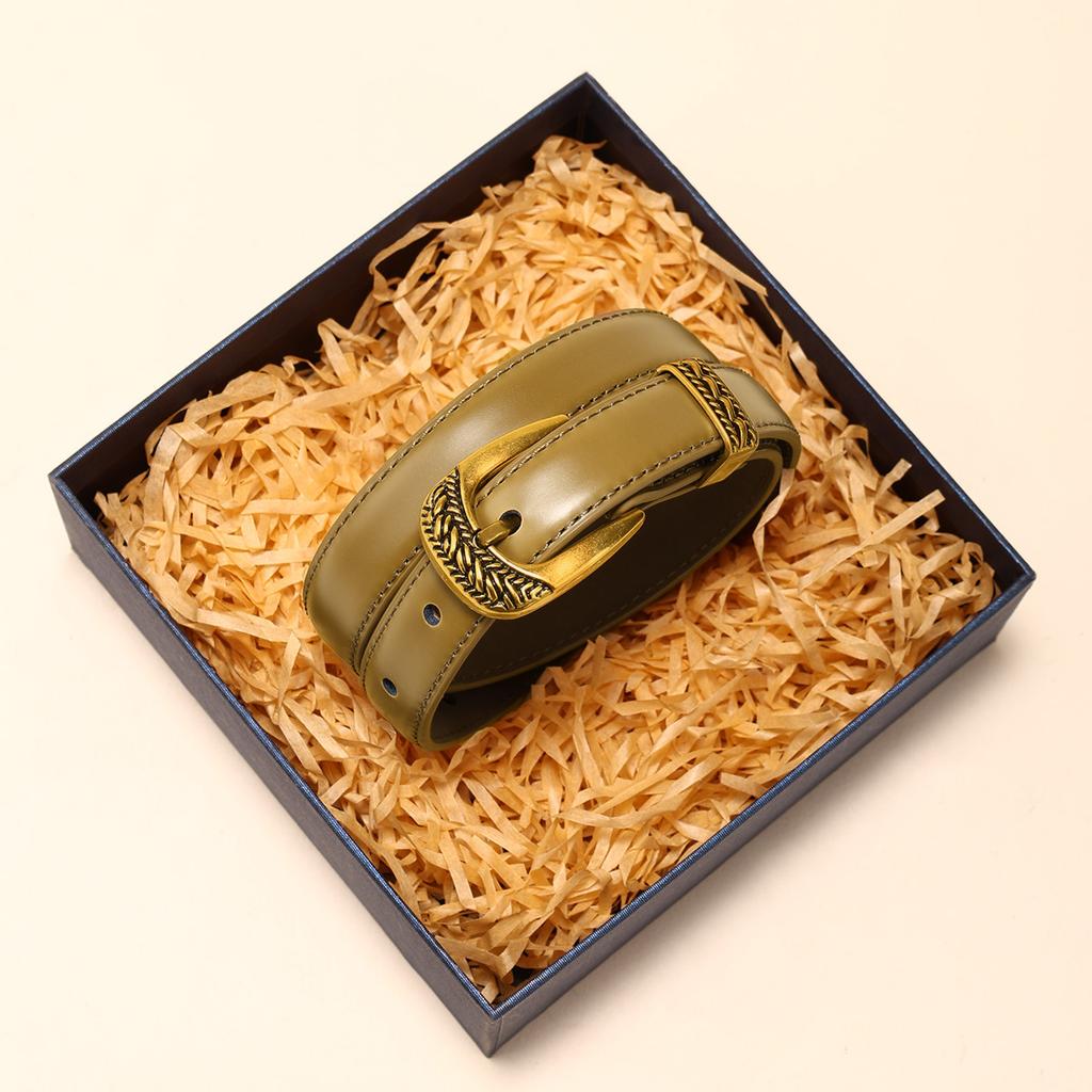 Vintage Engraved Pin Buckle Leather Belt Women'S Alloy Pin Buckle Head Fashion Versatile Jeans Dress Belt