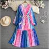 High sense celebrity temperament lantern long sleeve V neck waist thin a word gradual change color dress elegant big swing dress