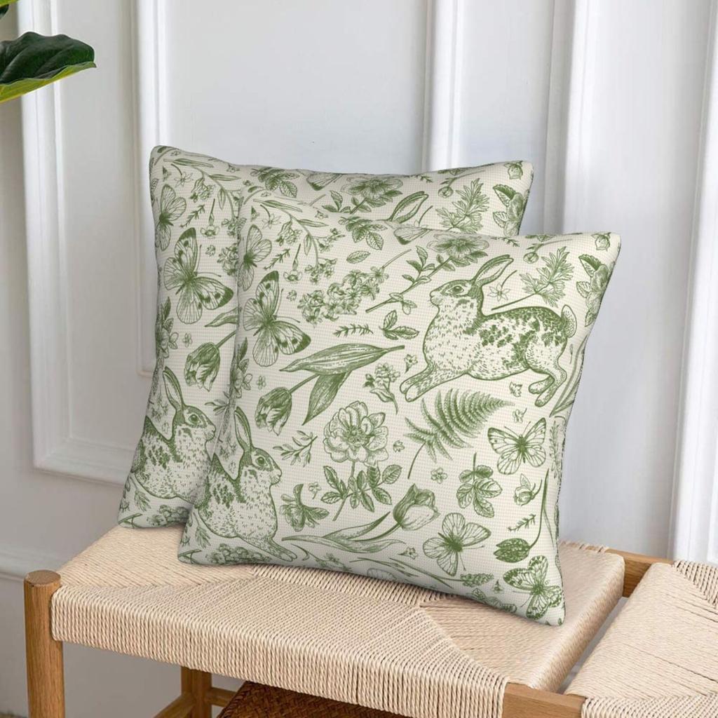 2 Pack Off White Green Pillow Covers Double Sided Print Rabbit Butterfly Floral Cushion Cases Home Decor For Sofa