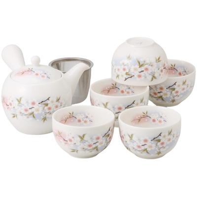 Ale-net Teapot and Teacup Set (5 Cups): 9cm Diameter X 10cm Height, 350cc Capacity. Features a Light Ink Cherry Blossom Design. Includes Tea Strainer.