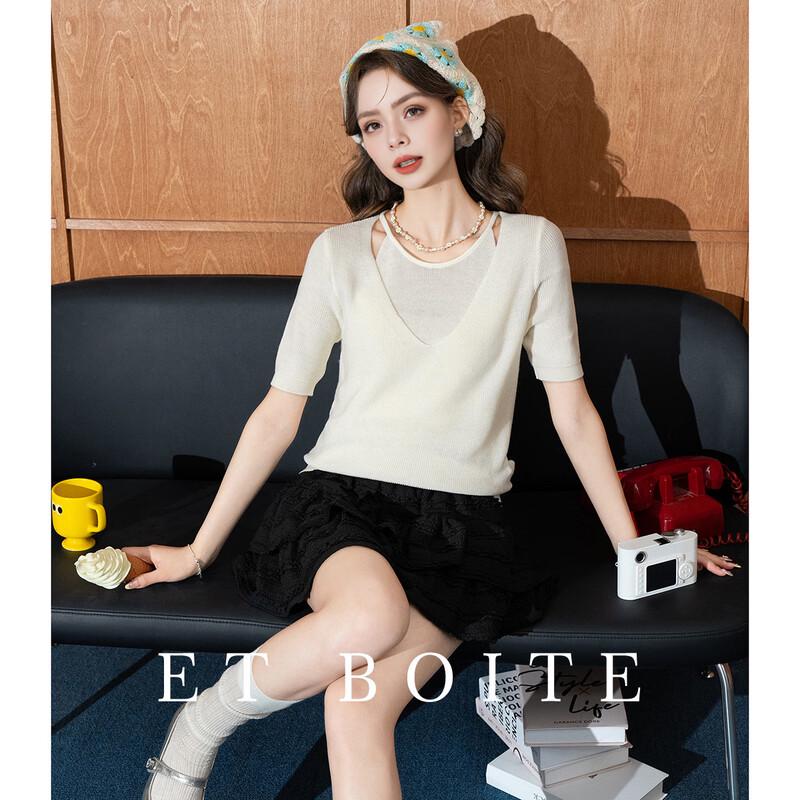 French Box Lamb Wool Blend Faux Two-piece Knit Top F