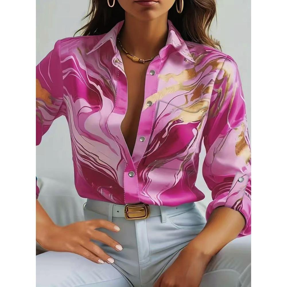 Women Print V-Neck Button Long Sleeve Shirt Loose Casual Holiday Tops Blouse