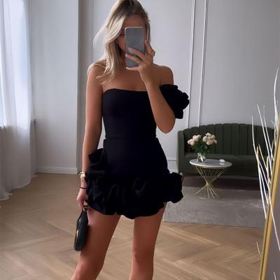 Vestido de noite feminino, um ombro, babado, decoração floral, cintura fina, bainha, sem mangas, cor pura, costas nuas, bandeau, mini vestido, baile, festa, vestido curto