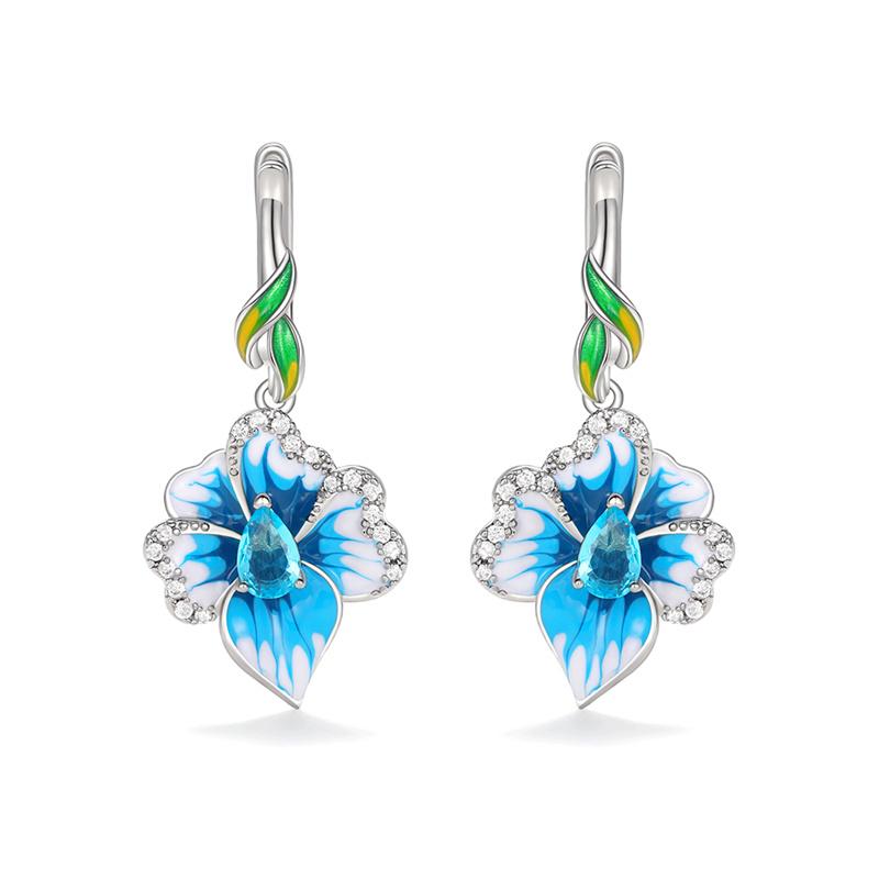 Huitan Handmade Blue Flower Drop Earrings for Women Creative Enamel Design Aesthetic Female Ear Accessories Party Trendy Zircon