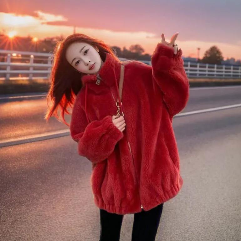 WTEMPO Weihnachtsroter Lammmantel für Damen, Winter, Kunstpelz, Fleece, verdickte Polarfleece-Mäntel, winddichte, kältebeständige Reißverschlussjacken