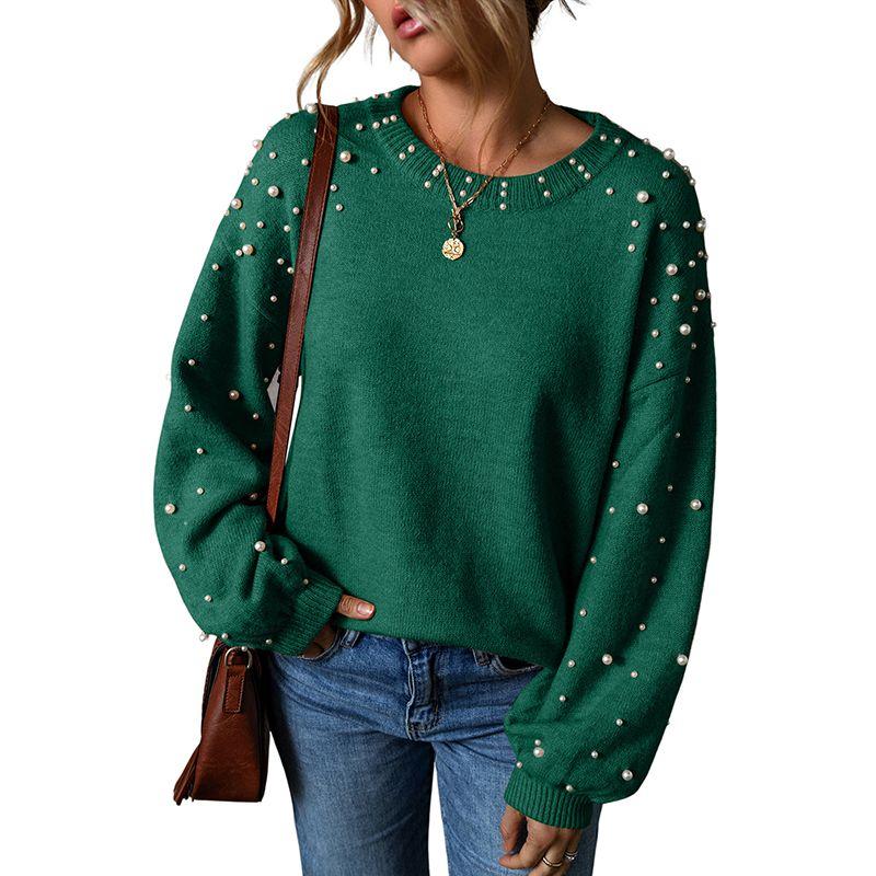 

Fall and Winter New Arrival Personalized Minority Beaded Drop Shoulder Sweater Women 2025 Fashion Commuter s All-Matching Thermal Head Cover Knitwear Green P2509 Size S fit (45.00 kg-55.00 kg
