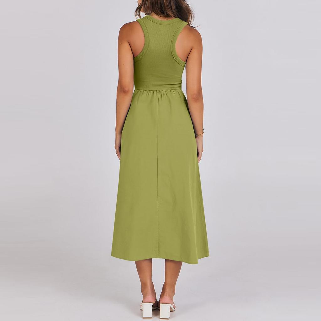 Damen Casual Mode Einfarbig Rundhals Sexy Ärmelloses Tanktop Midilanges Kleid