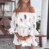 Robe d'été courte imprimée épaules dénudées, manches courtes élégantes plissées, coupe ample, pour la plage, les vacances, mode féminine, florale, ajustée, pour la fête, vêtements doux