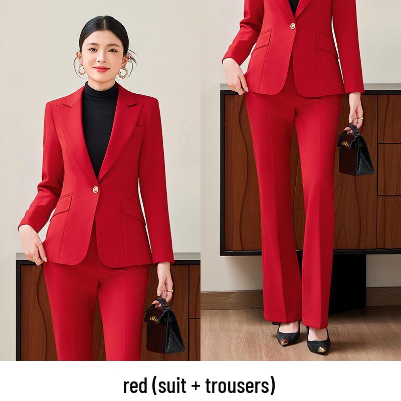 

Женский красный блейзер и брюки микро-клеш - 2025 Осень Профессиональный костюм для официальных мероприятий M