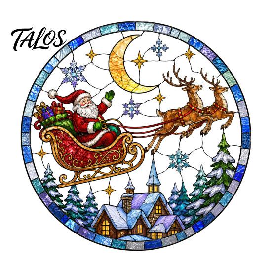 PVC Christmas Window Decoration Santa Sleigh Suncatcher Cling, Stained Glass Style Static Holiday Party Ornament Sticker, Rainbow Film Xmas Decor for