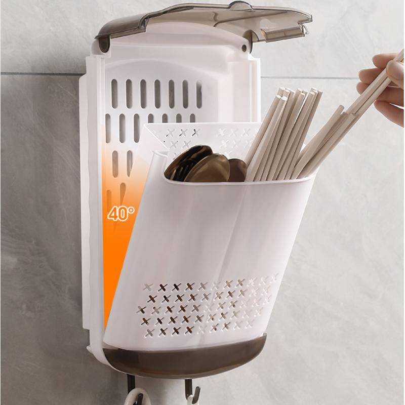 No-Drill Wall Mounted Chopstick Holder With Draining Base Kitchen Cutlery Utensil Storage Box Easy Installation