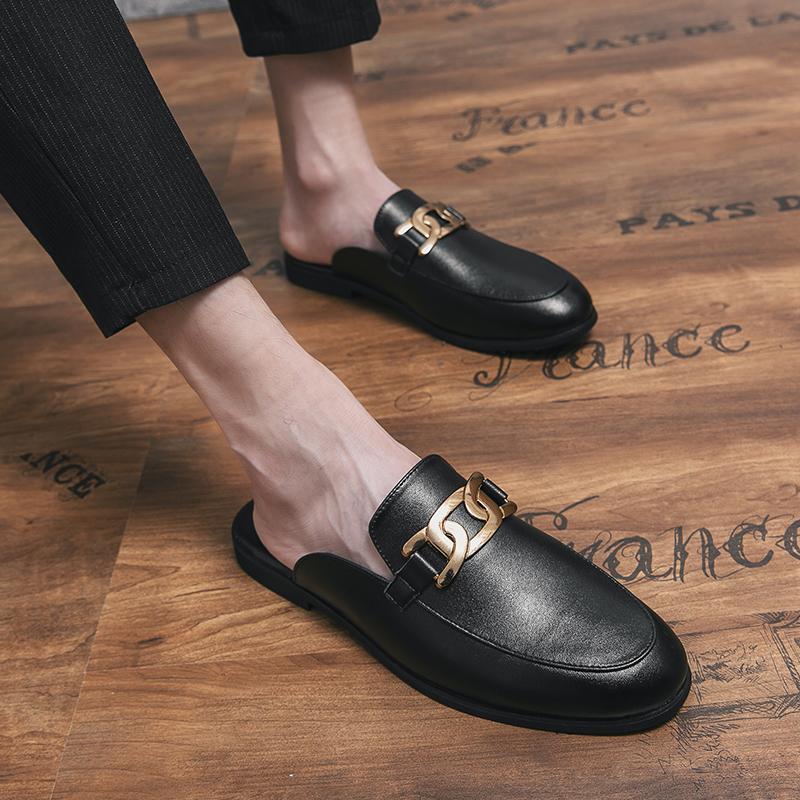 New Men Black White Metal Button Half Slippers Driving Shoes Male Casual Mules Moccasins Breathable Loafers Zapatos Hombre
