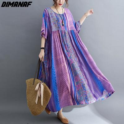 DIMANAF 2021 Sommer Blumen Kleid Oversize Frauen Große Größe Sommerkleid Lose Beiläufige Lila Urlaub Elegante Dame Langes Kleid 9367