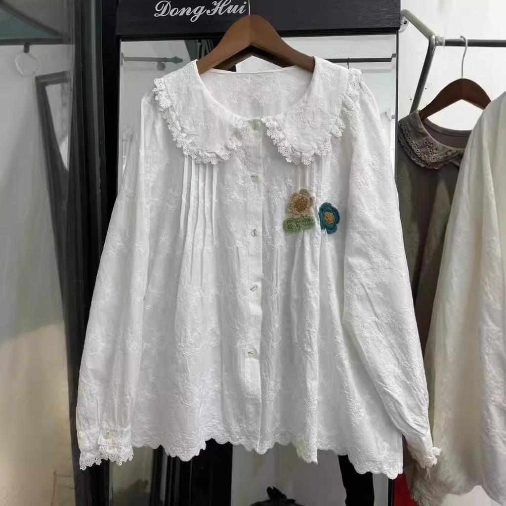 1116 Spring New Women's Lapel Japanese Cotton and Linen Shirt Loose Shirt Embroidered Mori Women's Long Sleeve Top