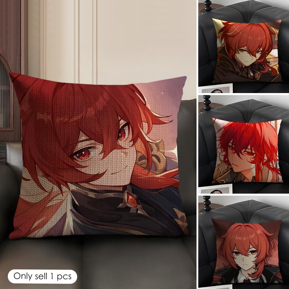 Diluc Cute Genshin Impact Cushion Cover Natural Linen Organic Fabric DoubleSided Printing Sofa Home Decor Gift Pillow Case