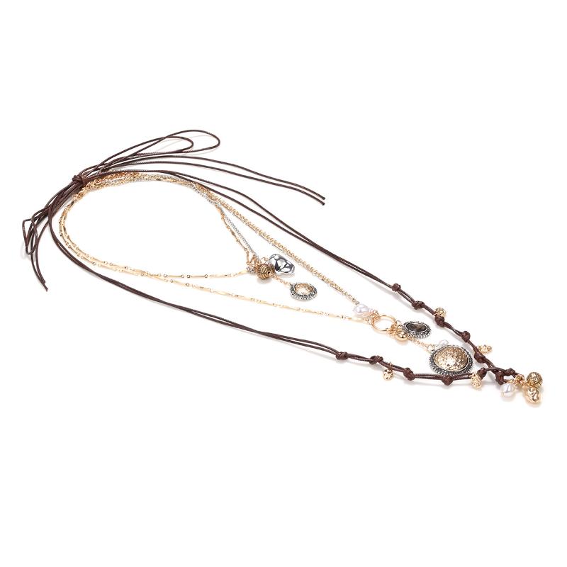 Bohemian Style Multi-Layer Rope Chains Metal Round Coin Badge Pendant Necklaces For Women Holiday Party Jewelry Neck Accessories