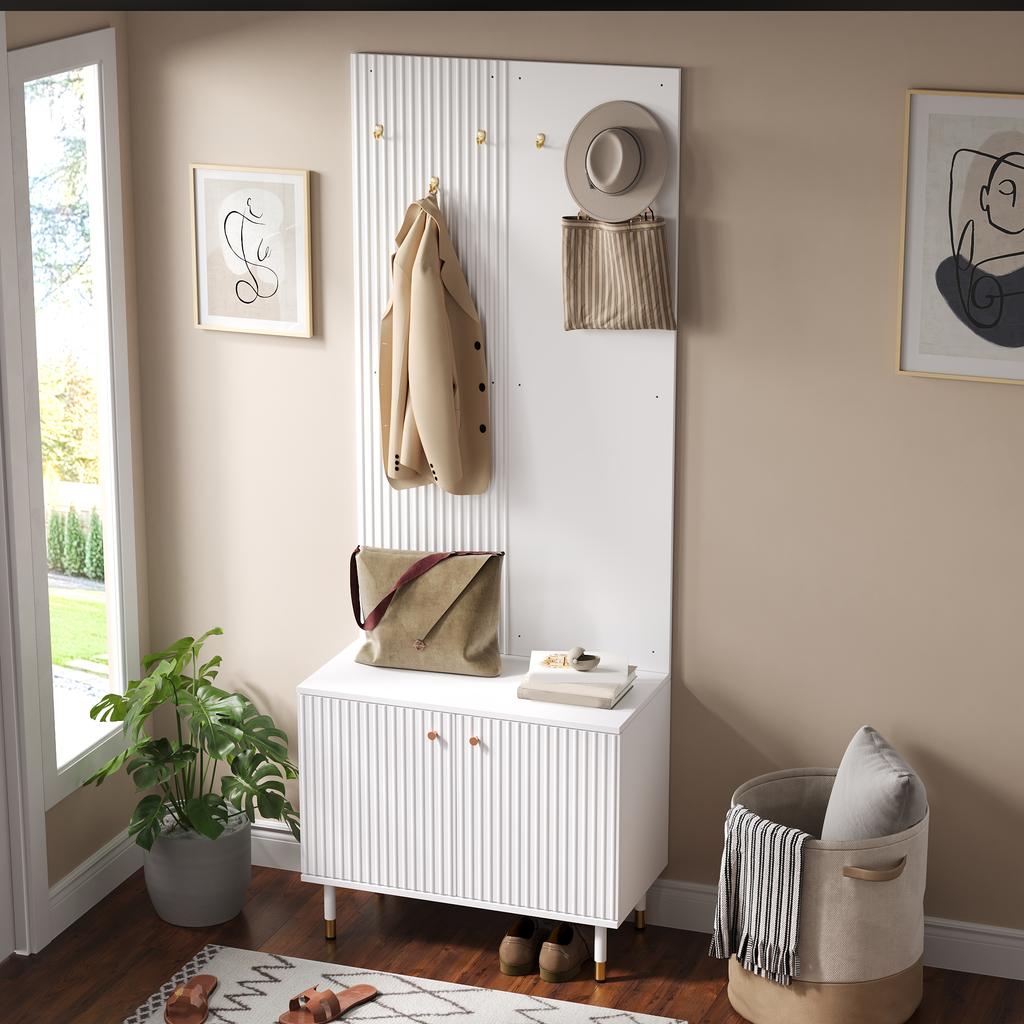 Wardrobe Cabinet, Clothes Shelf, Shoe Cabinet, Hallway Combination Cabinet, PB+MDF Cabinet, Coat Rack Wall with Hooks, Cylindrical Metal Feet