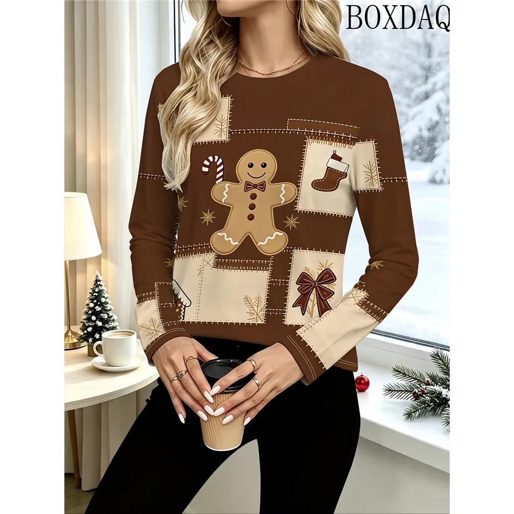 Women's Christmas Fashion Print Autumn T-Shirt New O-Neck Long Sleeve T-Shirt Fashionable Comfortable Breathable Soft Casual Loose Versatile T-Shirt