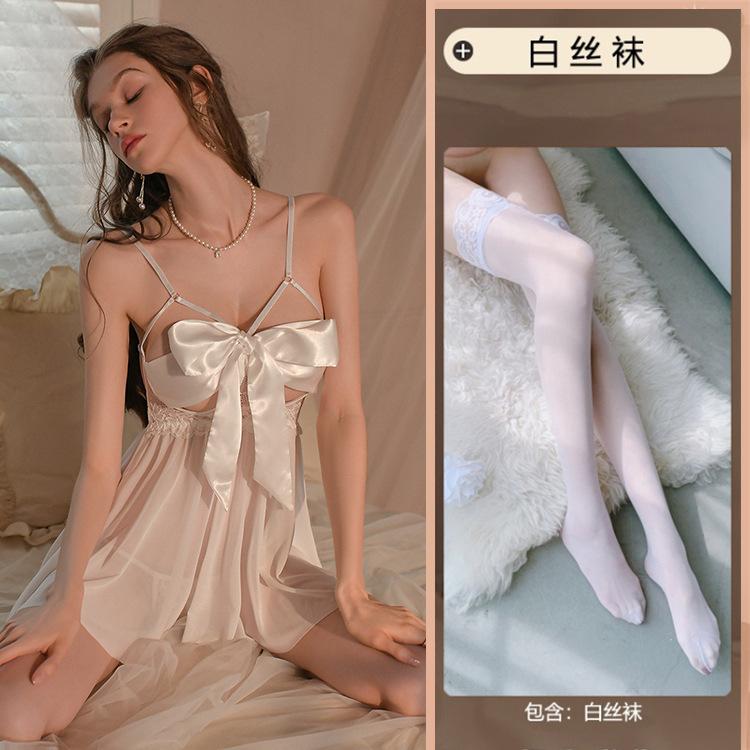 Summer Suspender Nightdress Sexy Pure Desire Wind Transparent Attraction Free Suit Bow Elegant and Comfortable