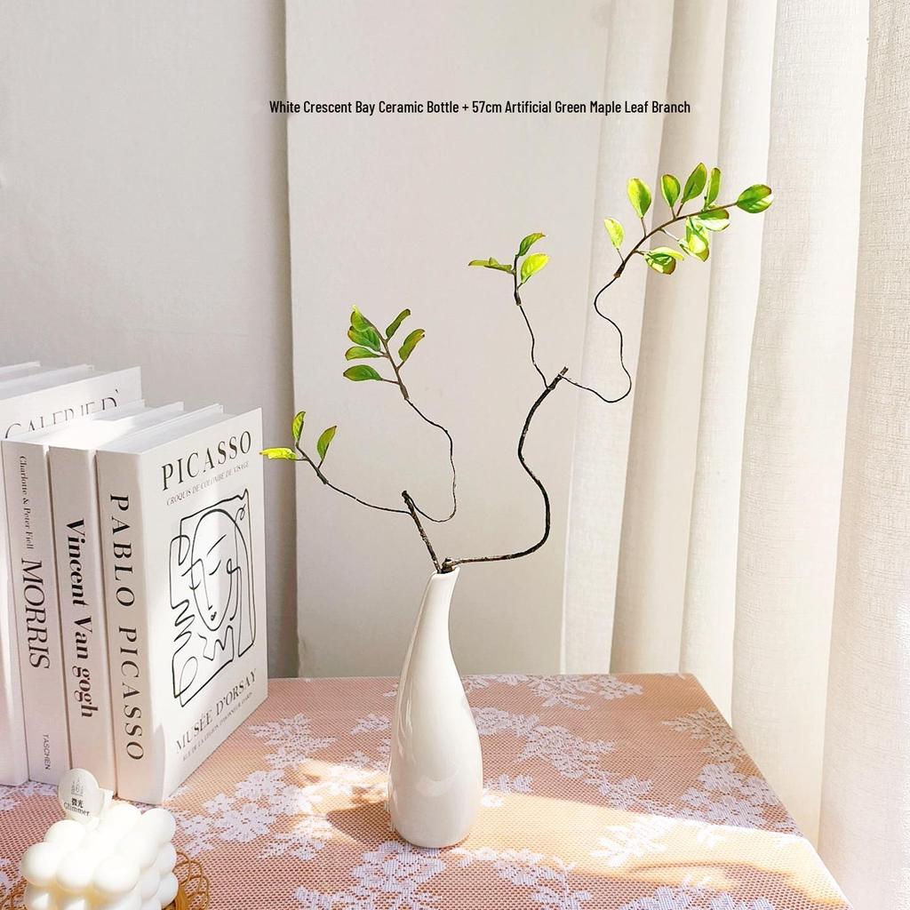 Green Plants Ceramic Vase with Hanging Bells and Artificial Flowers - Home Decoration Props