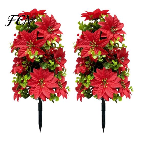 Winter Porch Decor 22" Artificial Poinsettia Flowers with Ground Spikes, Red Christmas Floral Stakes, Waterproof Stakes PVC Simulation Plants