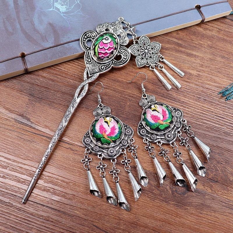 Vintage embroidery earrings hairpin classical temperament Miao peacock flower fringed earrings hair accessories set women