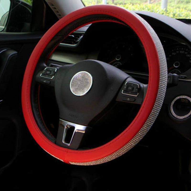 Crystal Rhinestone Car Leather Steering Wheel Covers Cap Steering-Wheel Cover Auto Car Interior