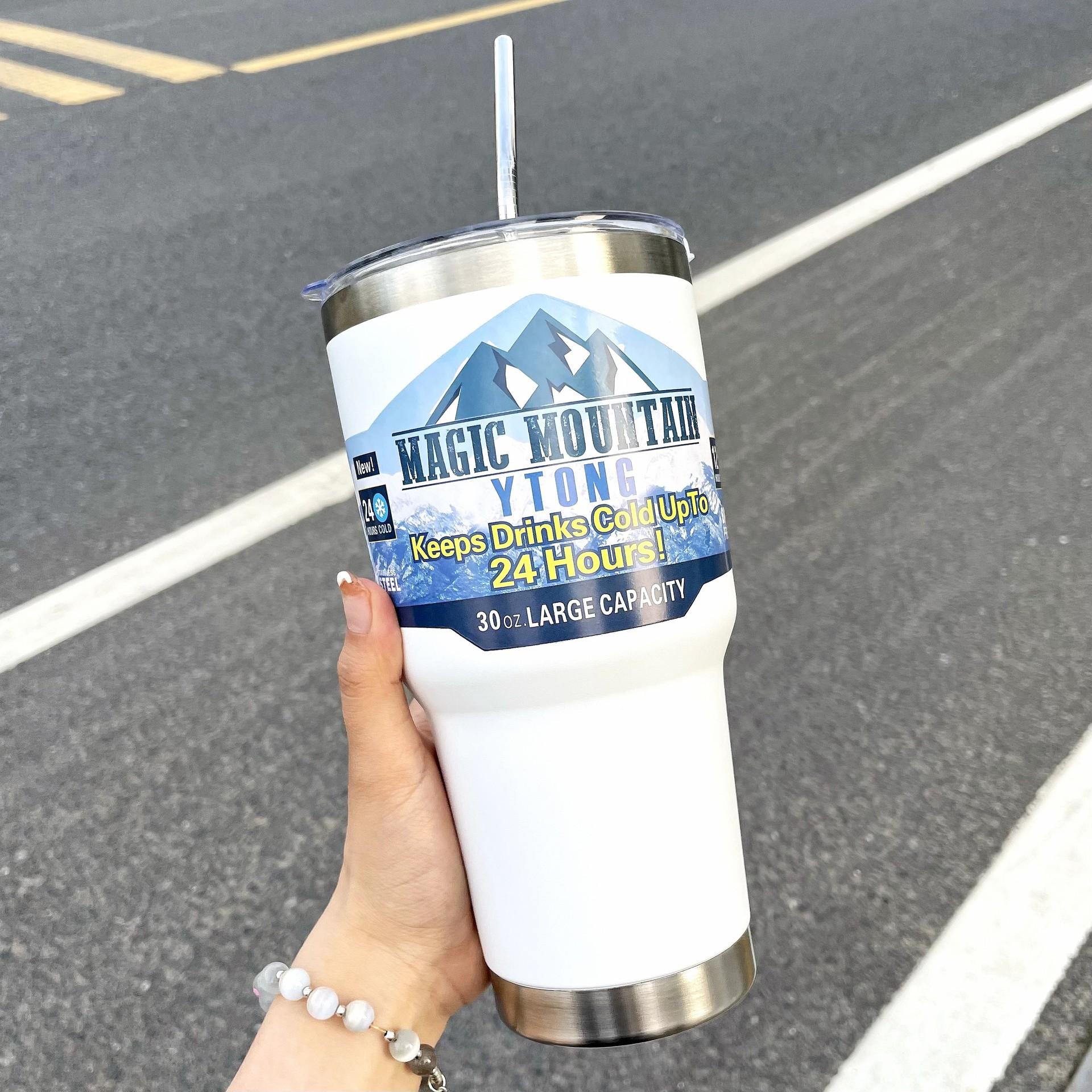 

Magic Stainless Steel Freeze Thermos New Fashion 30Oz Car Cup Ice Coffee Drink Cup with Straw With cover Travel Outdoor Mountai 900ml белый