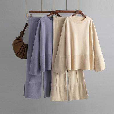 Lose Stricken Pullover Anzug Herbst Winter Frauen Horn Hülse Runde Kragen Schlitz Zwei Stück Sets